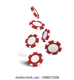 casino red chips isolated on white realistic vector 3d objects. Online casino banner. Red realistic chip in the air. Gambling concept, poker mobile app icon.