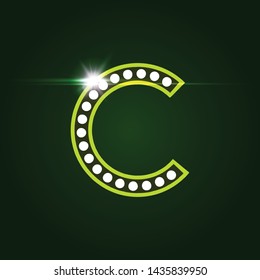 Casino and resort Letter C. Luxury letter with gems. Glowing effect, highlight on letter border. Entertainment decoration element. Vector logo and monogram template. 