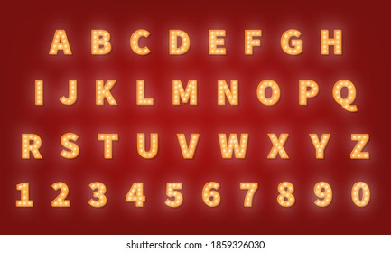 Casino Retro Gold Typography Font. 3d Light Bulb Alphabet