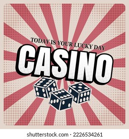 Afiche del casino retro, cómic, dados. Vintage de ilustración vectorial