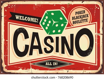 Casino retro sign. Vintage tin sign with green dice on red background, Casino gambling sign board decoration.