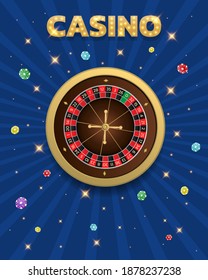 Casino roulette and chips banner. Can be used as a flyer, poster or advertisement. Vector illustration on a blue background.
