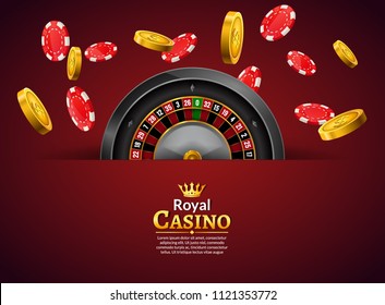 Casino roulette with chips and coins realistic gambling poster banner. Casino vegas fortune roulette wheel design flyer illustration.