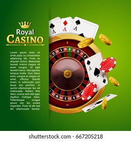 Casino roulette with chips, coins and red dice realistic gambling poster banner. Casino vegas fortune roulette wheel design flyer.