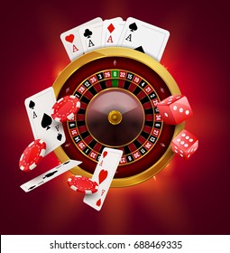 Casino roulette with chips, coins and red dice realistic gambling poster banner. Casino vegas fortune roulette wheel design flyer