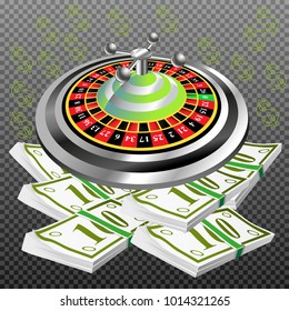 Casino roulette with chips gambling poster banner. Casino vegas fortune roulette wheel design flyer.