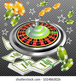 Casino roulette with chips gambling poster banner. Casino vegas fortune roulette wheel design flyer.