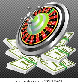 Casino roulette with chips gambling poster banner. Casino vegas fortune roulette wheel design flyer.