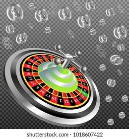 Casino roulette with chips gambling poster banner. Casino vegas fortune roulette wheel design flyer.