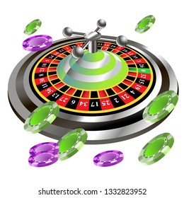 Casino roulette with chips gambling poster banner. Casino vegas fortune roulette wheel design flyer.