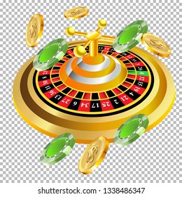 Casino roulette with chips gambling poster banner. Casino vegas fortune roulette wheel design flyer.