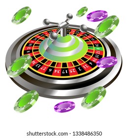 Casino roulette with chips gambling poster banner. Casino vegas fortune roulette wheel design flyer.