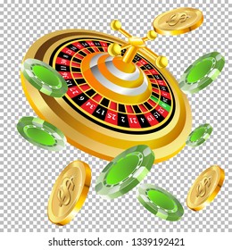 Casino roulette with chips gambling poster banner. Casino vegas fortune roulette wheel design flyer.
