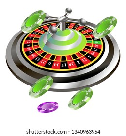 Casino roulette with chips gambling poster banner. Casino vegas fortune roulette wheel design flyer.
