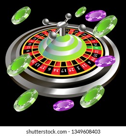 Casino roulette with chips gambling poster banner. Casino vegas fortune roulette wheel design flyer.