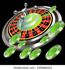 Casino roulette with chips gambling poster banner. Casino vegas fortune roulette wheel design flyer.