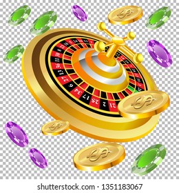 Casino roulette with chips gambling poster banner. Casino vegas fortune roulette wheel design flyer.