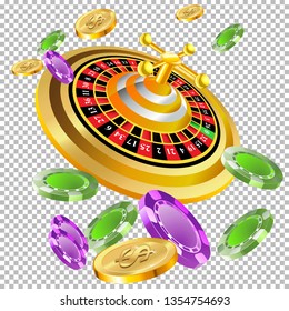 Casino roulette with chips gambling poster banner. Casino vegas fortune roulette wheel design flyer.