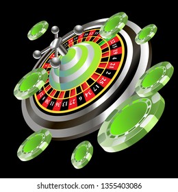 Casino roulette with chips gambling poster banner. Casino vegas fortune roulette wheel design flyer.