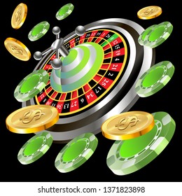 Casino roulette with chips gambling poster banner. Casino vegas fortune roulette wheel design flyer.