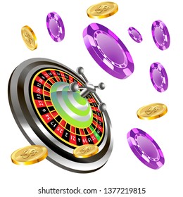 Casino roulette with chips gambling poster banner. Casino vegas fortune roulette wheel design flyer.