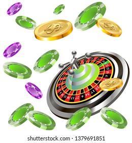 Casino roulette with chips gambling poster banner. Casino vegas fortune roulette wheel design flyer.