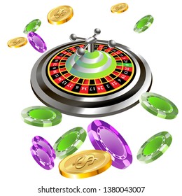 Casino roulette with chips gambling poster banner. Casino vegas fortune roulette wheel design flyer.
