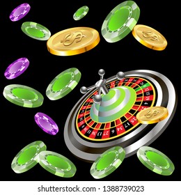 Casino roulette with chips gambling poster banner. Casino vegas fortune roulette wheel design flyer.