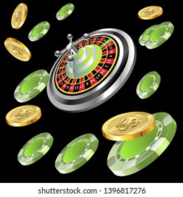 Casino roulette with chips gambling poster banner. Casino vegas fortune roulette wheel design flyer.