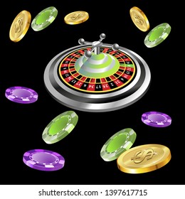 Casino roulette with chips gambling poster banner. Casino vegas fortune roulette wheel design flyer.