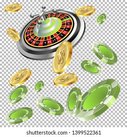 Casino roulette with chips gambling poster banner. Casino vegas fortune roulette wheel design flyer.