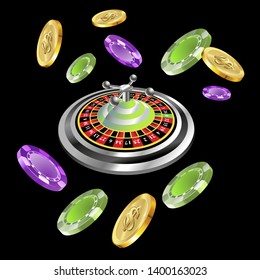 Casino roulette with chips gambling poster banner. Casino vegas fortune roulette wheel design flyer.