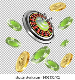 Casino roulette with chips gambling poster banner. Casino vegas fortune roulette wheel design flyer.