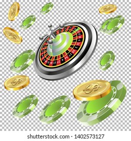 Casino roulette with chips gambling poster banner. Casino vegas fortune roulette wheel design flyer.