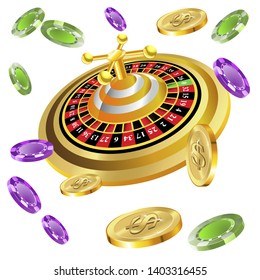 Casino roulette with chips gambling poster banner. Casino vegas fortune roulette wheel design flyer.