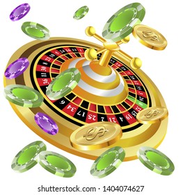 Casino roulette with chips gambling poster banner. Casino vegas fortune roulette wheel design flyer.