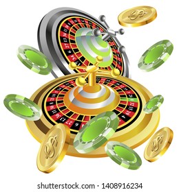Casino roulette with chips gambling poster banner. Casino vegas fortune roulette wheel design flyer.