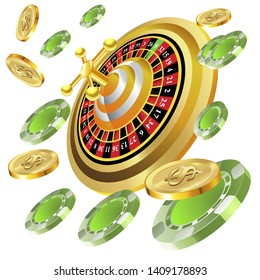 Casino roulette with chips gambling poster banner. Casino vegas fortune roulette wheel design flyer.