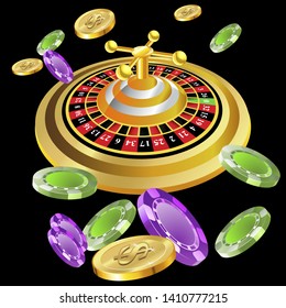 Casino roulette with chips gambling poster banner. Casino vegas fortune roulette wheel design flyer.