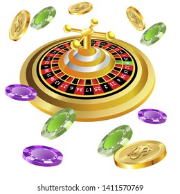 Casino roulette with chips gambling poster banner. Casino vegas fortune roulette wheel design flyer.