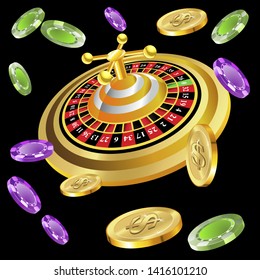 Casino roulette with chips gambling poster banner. Casino vegas fortune roulette wheel design flyer.