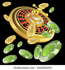 Casino roulette with chips gambling poster banner. Casino vegas fortune roulette wheel design flyer.