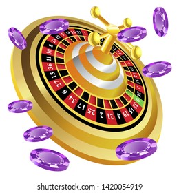 Casino roulette with chips gambling poster banner. Casino vegas fortune roulette wheel design flyer.