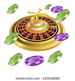 Casino roulette with chips gambling poster banner. Casino vegas fortune roulette wheel design flyer.