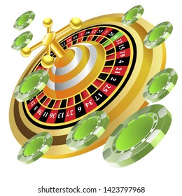Casino roulette with chips gambling poster banner. Casino vegas fortune roulette wheel design flyer.