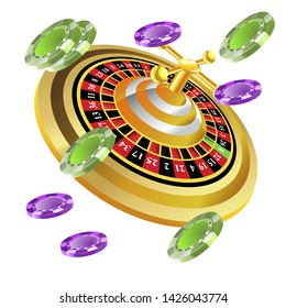 Casino roulette with chips gambling poster banner. Casino vegas fortune roulette wheel design flyer.