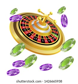 Casino roulette with chips gambling poster banner. Casino vegas fortune roulette wheel design flyer.
