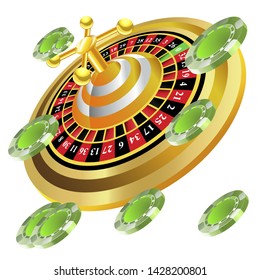 Casino roulette with chips gambling poster banner. Casino vegas fortune roulette wheel design flyer.