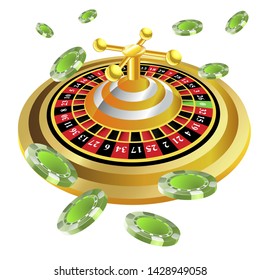 Casino roulette with chips gambling poster banner. Casino vegas fortune roulette wheel design flyer.