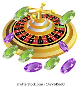 Casino roulette with chips gambling poster banner. Casino vegas fortune roulette wheel design flyer.